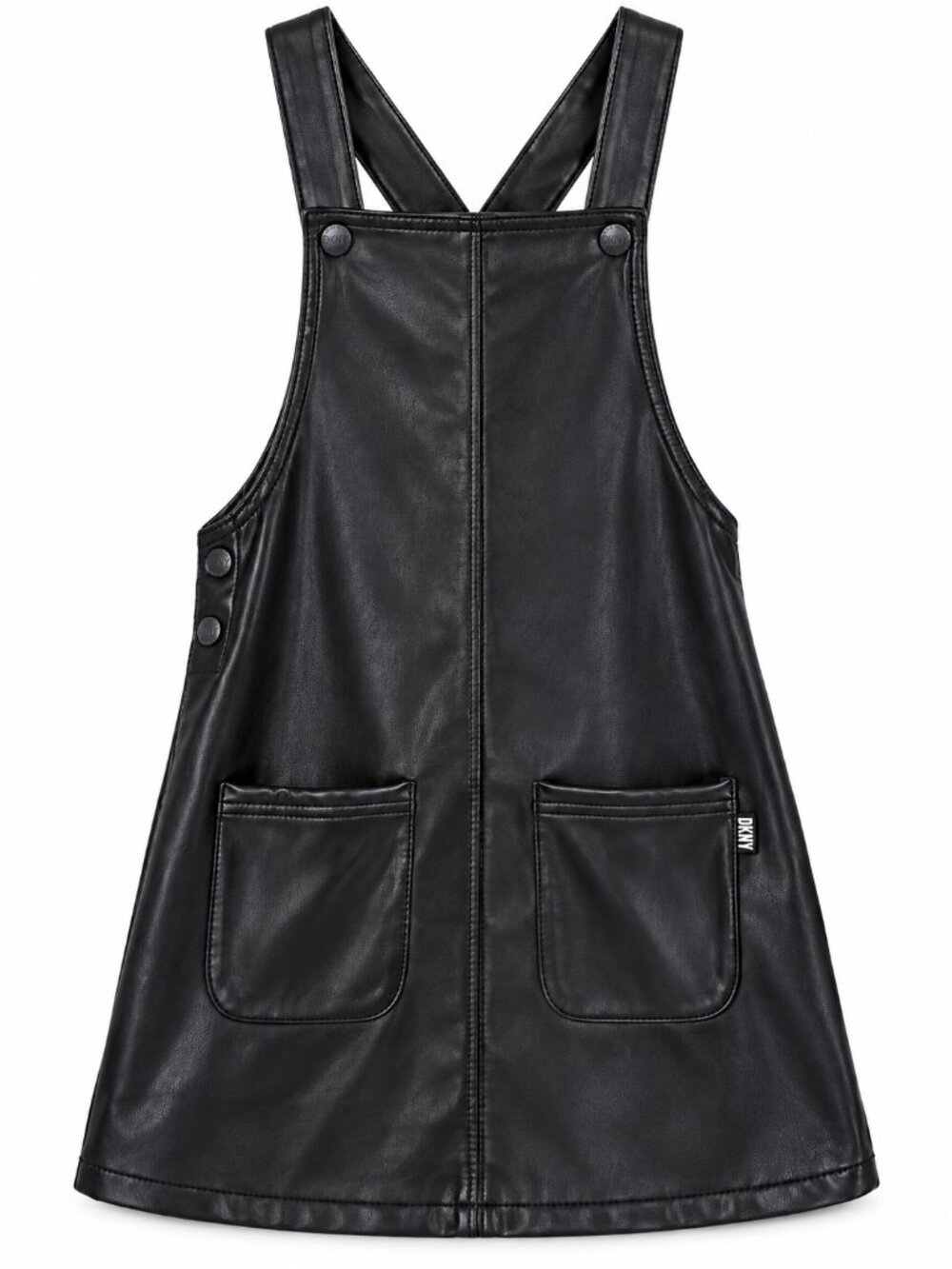 DKNY Girls Black Faux Leather Overall Jumper Dress Size 6X Moto Edgy Streetwear